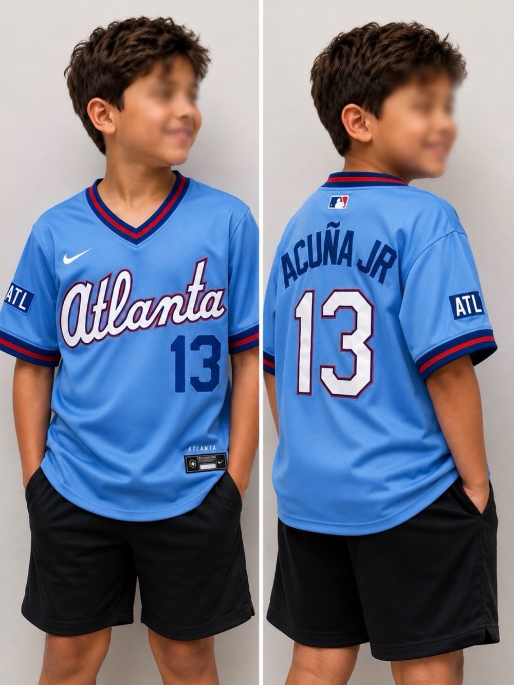 Ronald Acuña Jr. #13 Light Blue City Connect Atlanta Braves Kids Jersey YM 12